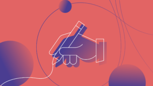 hand holding a pen writing b2b content in red and purple
