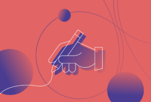 hand holding a pen writing b2b content in red and purple