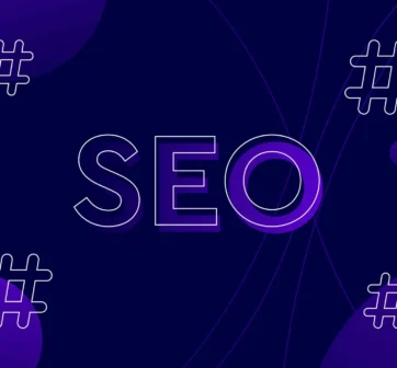 SEO graphic in purple and navy with social media hashtags