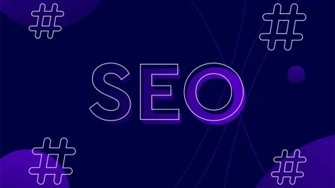 SEO graphic in purple and navy with social media hashtags