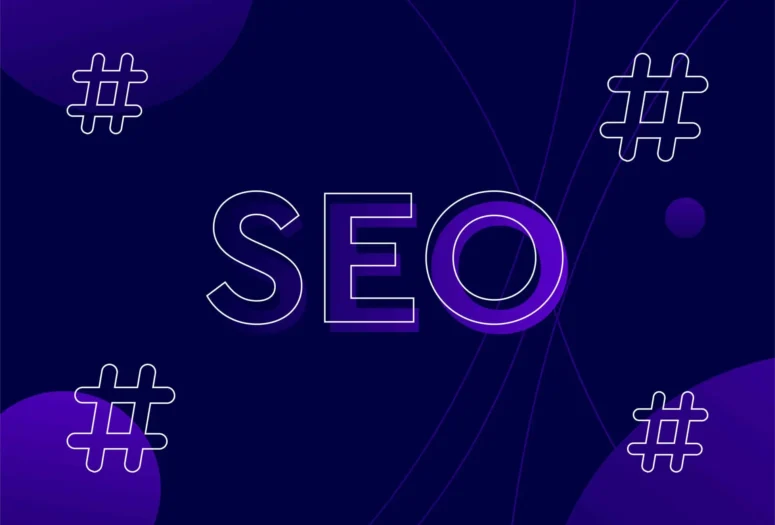 seo graphic in purple and navy with social media hashtags
