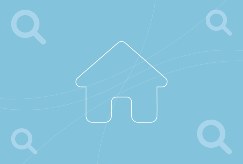 a house icon with magnifying glass icons surrounding it. this represents the 100 most searched keywords for the home retail industry
