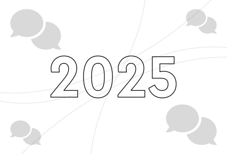 Blog 2 '2025' spelt out with speech bubbles icons representing the top 5 reasons to work in a marketing agency in 2025.