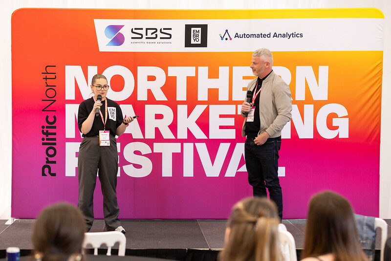 Harriet and Chris on stage at the Northern Marketing Festival Day 1