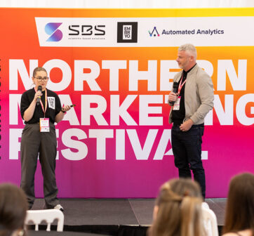 Harriet and Chris on stage at the Northern Marketing Festival Day 1