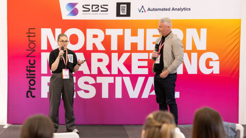 Harriet and Chris on stage at the Northern Marketing Festival Day 1